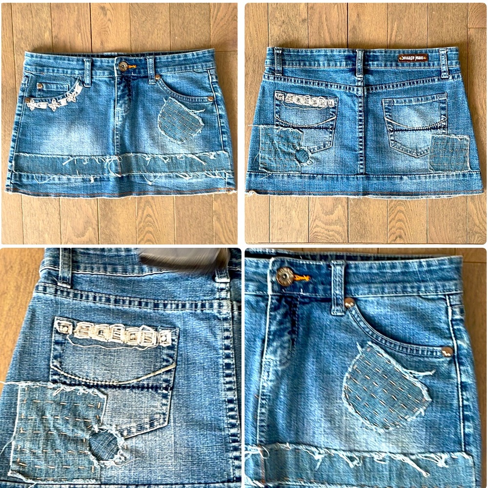Bonage Jeans Distressed Sequin Denim Mini Skirt Patchwork Low Rise Stretchy 9/10 - Picture 2 of 16